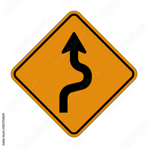 Winding road ahead traffic sign, yellow caution warning symbol