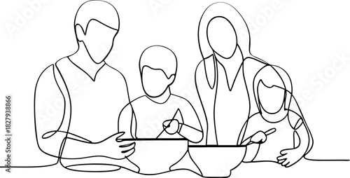 Family cooking together one line art illustration