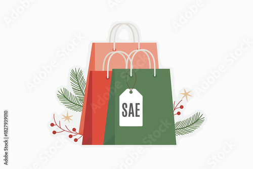 Christmas shopping bags with sale tag and winter holiday decor