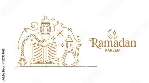 Ramadan kareem islamic line art with quran, lantern, prayer beads.
