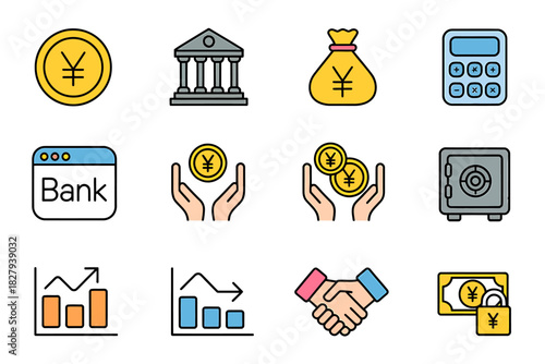 Finance and business icons featuring yen currency, banking, data