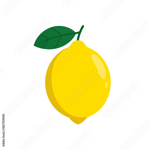 Stylized flat design single yellow lemon with green leaf on stem