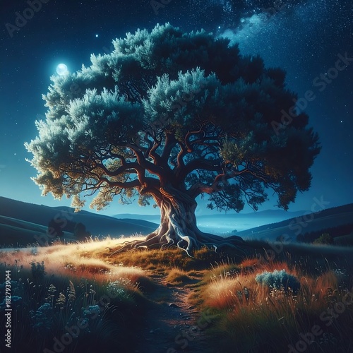 Majestic tree under a starry night sky