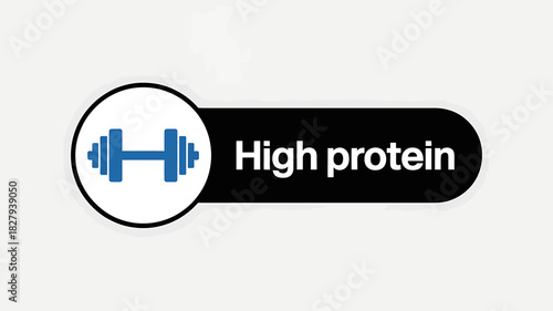 High protein nutrition label icon with blue dumbbell graphic