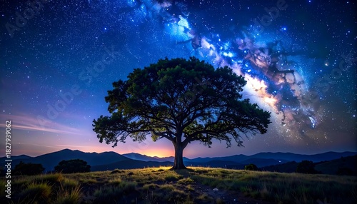Majestic tree under a starry night sky over mountains