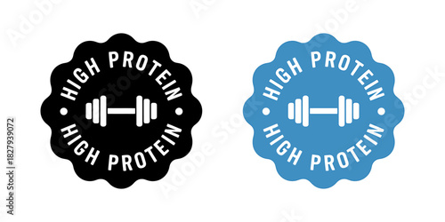 High protein label with dumbbell icon for healthy food and fitness