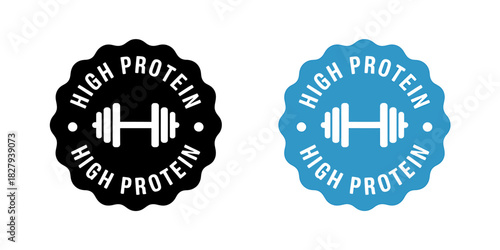 High protein food label badge with dumbbell icon vector set.