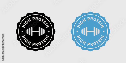 High protein label badge set with dumbbell icon on white background
