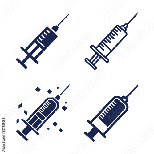 Four dark blue syringe icons on white background medical injection health healthcare