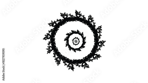 Intricate black fractal pattern forming a circular spiral on a white background