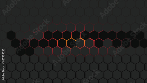 Dark Hexagonal Grid with Glowing Orange and Red Center