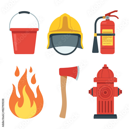 Firefighting equipment set, emergency tools, and fire graphic