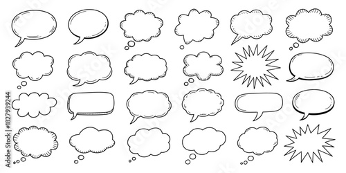 Hand drawn set of various speech and thought bubbles for text