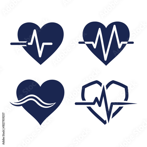Four dark blue heart symbols with electrocardiogram lines and waves pulse