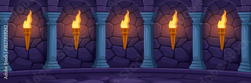 Mysterious ancient stone corridor with glowing torches background
