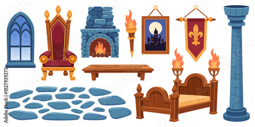 Medieval fantasy elements: throne, fireplace, bed, window, banner