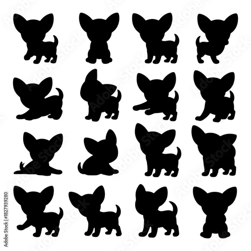 Different poses of playful chihuahuas showcased in black silhouette style against a white background