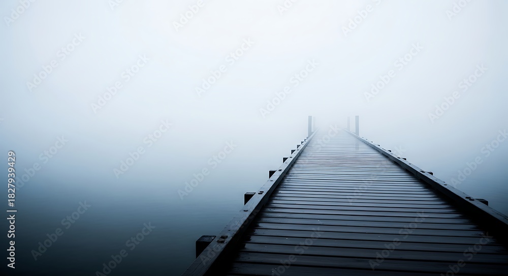 Fototapeta premium Misty Morning Pier Extending into Foggy Lake.