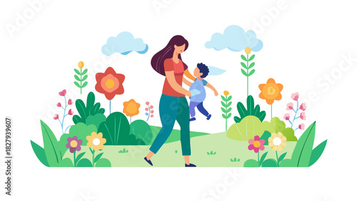 A mother holding her baby close while walking through a flower garden on a bright spring morning