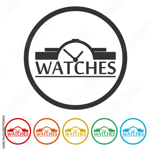 Watch wrist icon. Set icons in color circle buttons