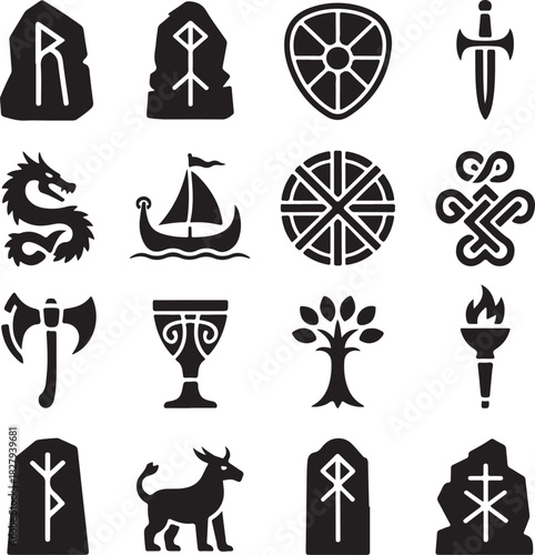 Collection of Ancient Viking Nordic Celtic Symbols Vector Illustration Design