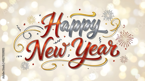 Happy New Year handwritten calligraphy text. Festive vector lettering for greeting cards, party banners, posters, and celebration design templates with floral patterns.