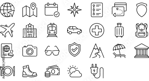 Travel and vacation outline icons set: globe, map, airplane, hotel, transport, leisure Vector