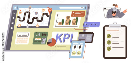 Dashboard displaying performance metrics, charts, roadmap, analytics, and financial goals. Ideal for productivity, project management, business strategy, analytics goal tracking marketing simple