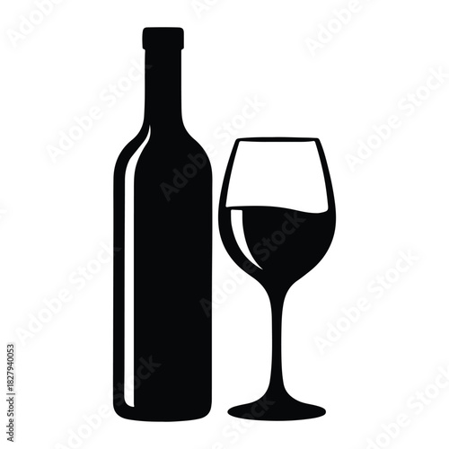Wine bottle and glass icon vector graphic as alcohol drinks beverages sign simple pictogram black white flat glyph and line outline stroke linear art image clipart isolated shape silhouette design