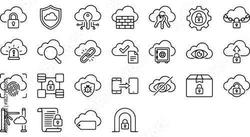 Cloud computing and network security line icons. data protection, privacy. Vector