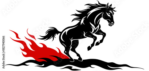 Black chinese horse vector illustration with blazing fire