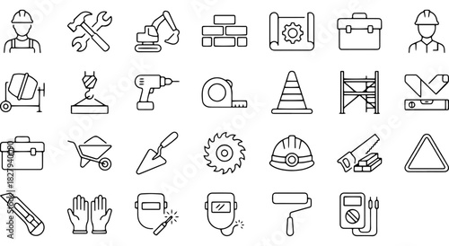 Construction and building tools vector line icons set, engineering equipment Vector