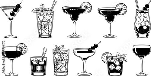 Assorted cocktails collection vector black and white illustration