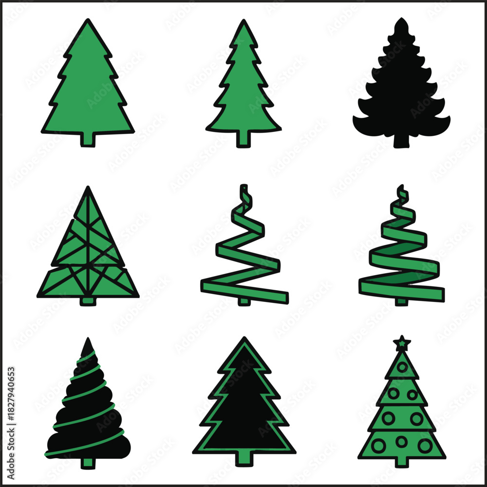 Obraz premium Stylized Green and Silhouette Christmas Tree Set