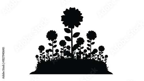 Silhouette of vibrant blooming flowers and lush grass against a white background