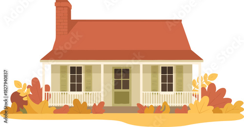 Suburban family house building with front porch and autumn leaves garden pixel art vector illustration for real estate design