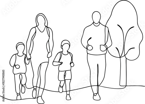 Family jogging in park one line art