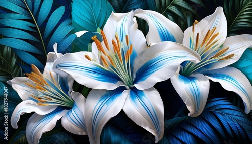 Vibrant Blue And White Lilies With Tropical Leaves Illustration