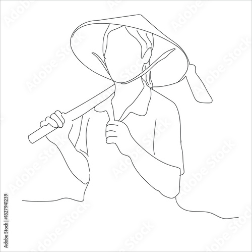 female farmer carrying a hoe. Continuous one line drawing young female farmer carried hoes on his shoulders