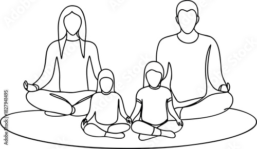Family meditation illustration in continuous line drawing