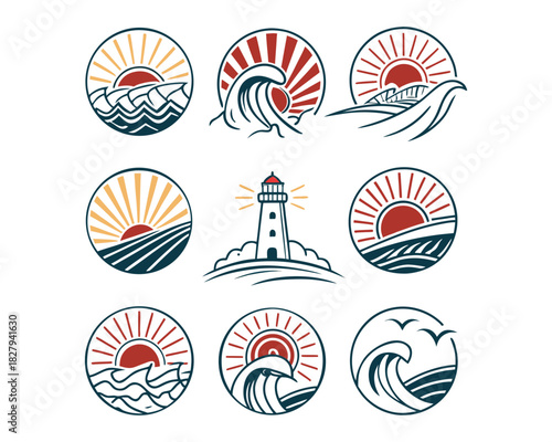 A collection of nine circular emblems featuring stylized sunrises or sunsets over ocean waves and a central lighthouse design