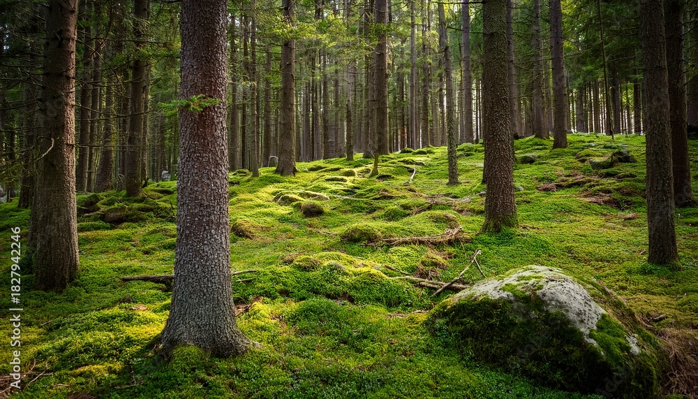 Obraz premium Old Pine And Fir Forest With Green Moss Covering Rocks And The Forest Floor