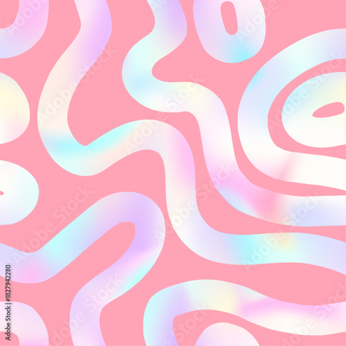 Abstract wavy lines seamless patten. Vector curved line shapes holographic foil gradient pink background. Hand drawn cute liquid groovy texture for print, fashion design, minimalist poster, decor.