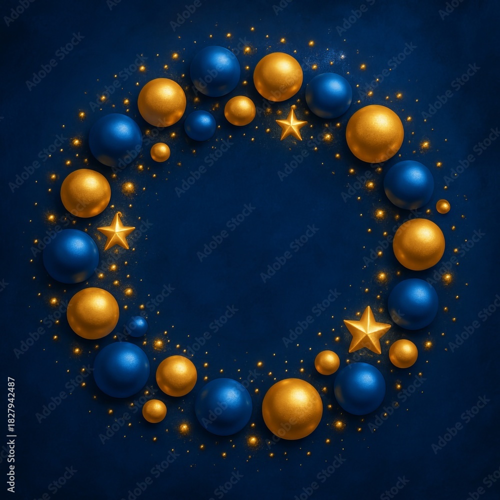 Fototapeta premium Royal blue and gold Christmas decorative circle with spheres and sparkles over deep sapphire textured