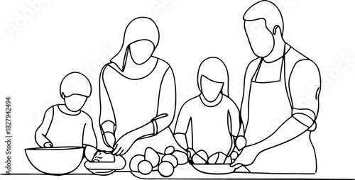 Family preparing meal together one line drawing