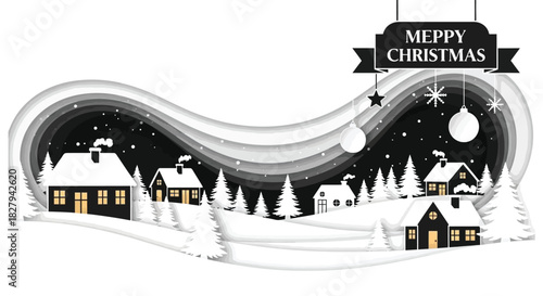 A festive christmas scene with a snow covered village and northern lights