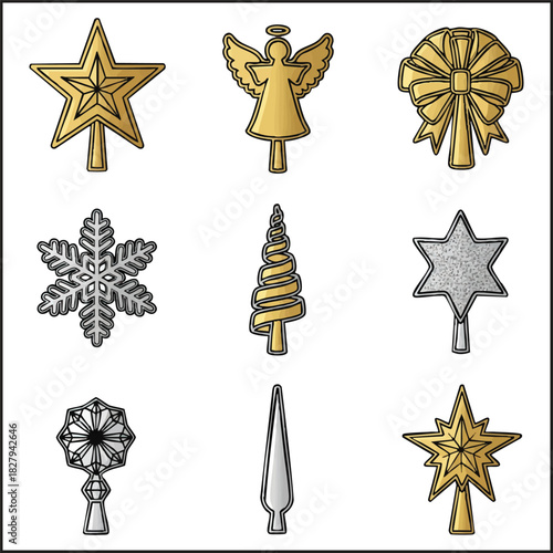 Realistic 3D Gold and Silver Christmas Star and Snowflake Set