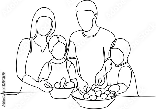 Family preparing food together continuous line drawing