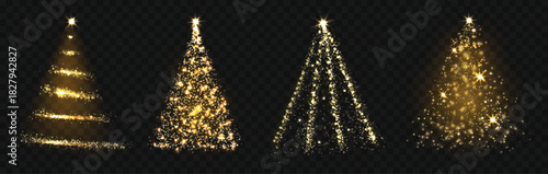 Christmas tree with gold light and glow garland for xmas night, new year decoration with sparkle and magic. Glitter star and particles for holiday invitation, winter celebration. Isolated vector set