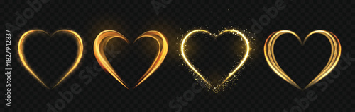 Glowing heart. Golden luminous love symbols with sparks, abstract wedding and Valentines Day light hearts for romantic banner and creative invitation card. Vector isolated set